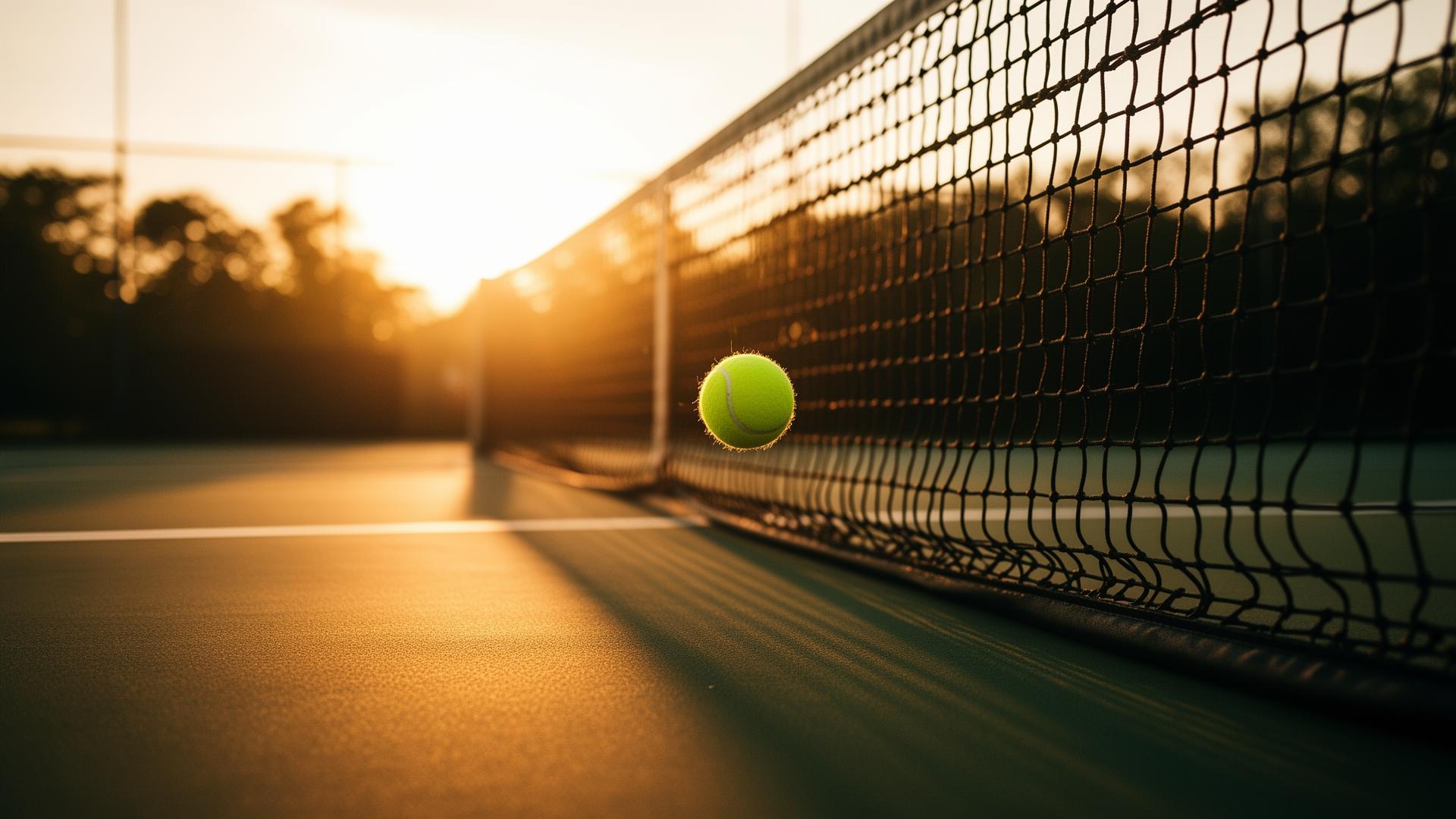 Quadra de tênis ao entardecer com bola em movimento